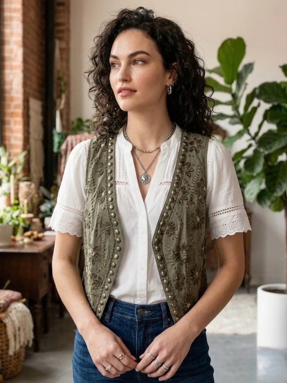 Soyaconcept Olive Green Beaded Floral Vest Boho Utility Cotton Waistcoat